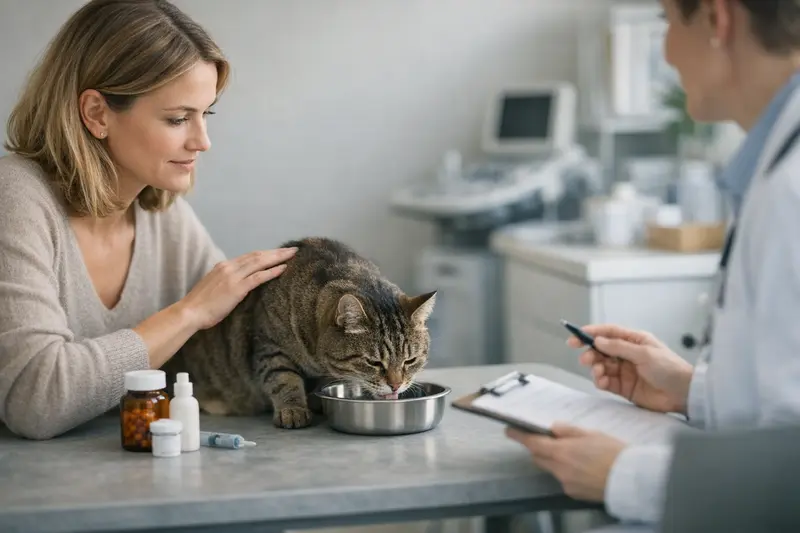 Katzen-Trinken und Gesundheitsabsicherung Eine glückliche Katze beim Trinken, symbolisiert die Bedeutung der Gesundheit und Absicherung für Haustiere.