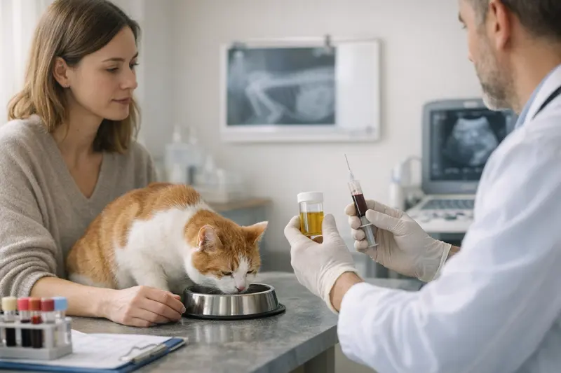 Eine Katze mit einem Tierarzt, der Blutuntersuchungen durchführt, um erhöhte Trinkgewohnheiten zu diagnostizieren.