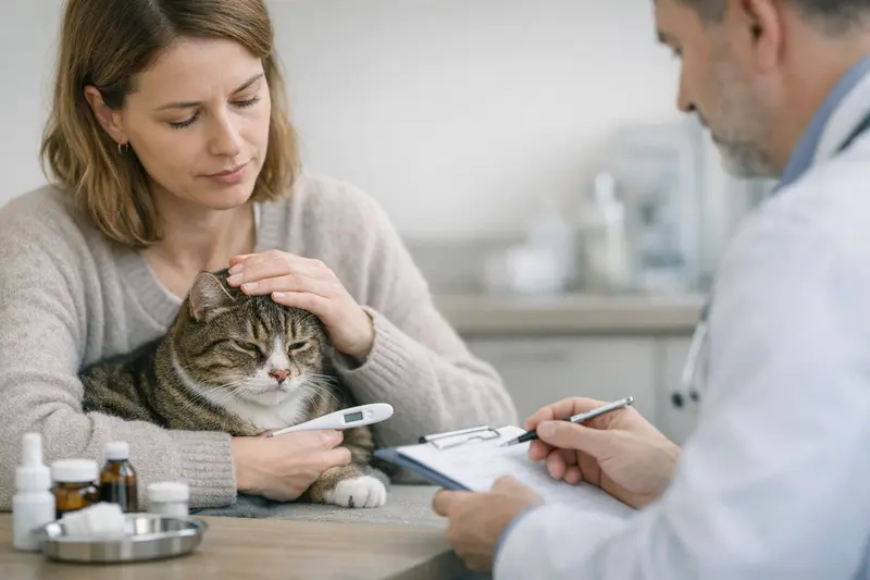Tierarztuntersuchung bei Katzen mit Warnzeichen Eine Katze wird von einem Tierarzt untersucht, um bei Warnzeichen wie Fieber oder Nasenausfluss mögliche Krankheiten zu diagnostizieren.