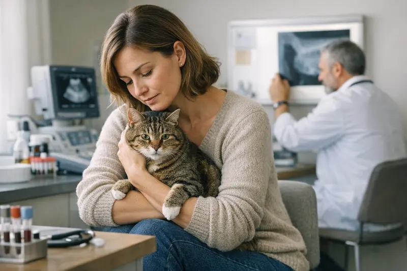 Katzengesundheit und Tierarztkosten Eine Katzentierärztin untersucht eine Katze auf unklare Symptome in einer modernen Praxis.