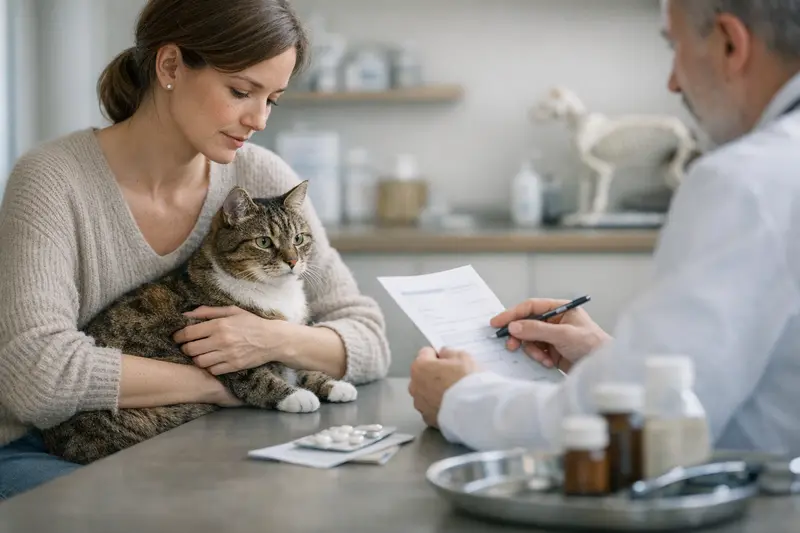 Eine Katze beim Tierarzt, während der Tierhalter wichtige Tarifdetails für die Katzenversicherung prüft.