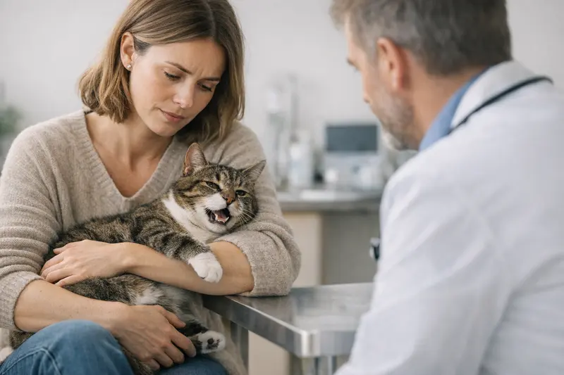Eine besorgte Katzenbesitzerin hält ihre atemlose Katze in der Hand, während sie einen Tierarzt anruft.
