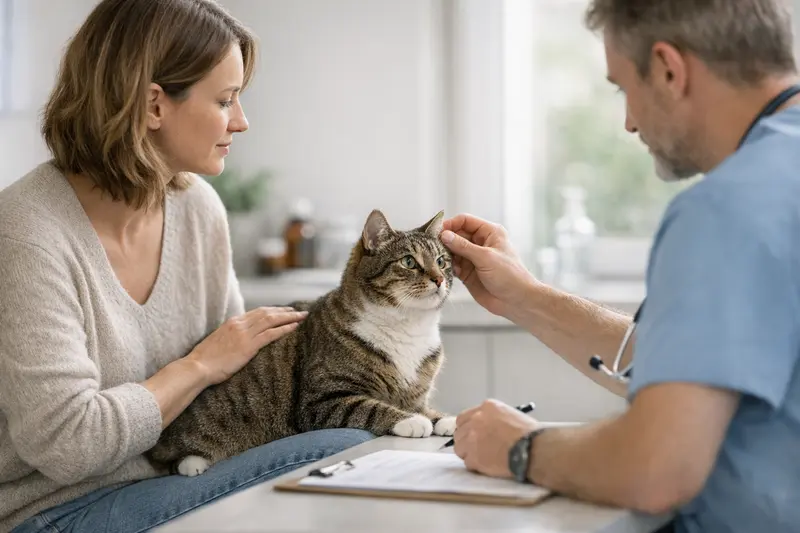 Eine Katze beim Tierarzt zur Gesundheitsuntersuchung, um Vorsorge zu betreiben.