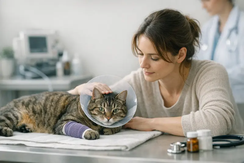 Katze beim Tierarzt Eine Katze beim Tierarzt, die untersucht wird, um Behandlungskosten zu besprechen.