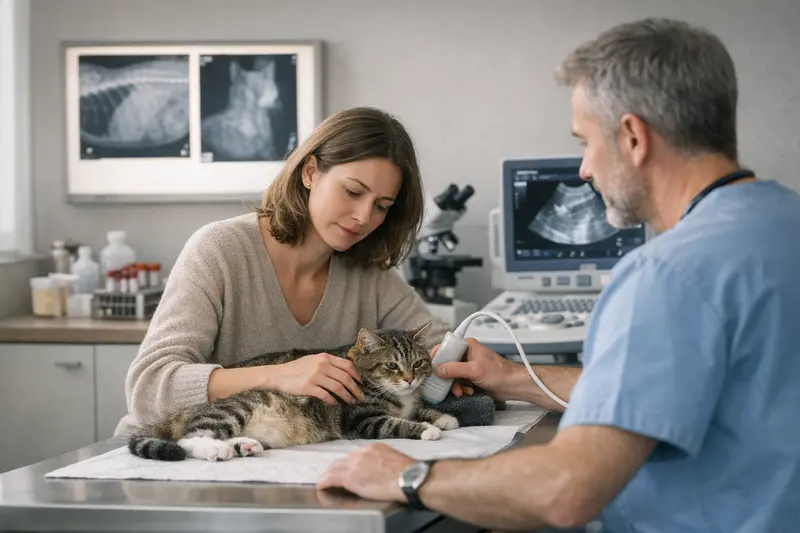 Tierarztkosten bei Katzen mit unklaren Beschwerden Tierarzt führt bei einer Katze eine gründliche Untersuchung durch, um unklare Beschwerden zu diagnostizieren.