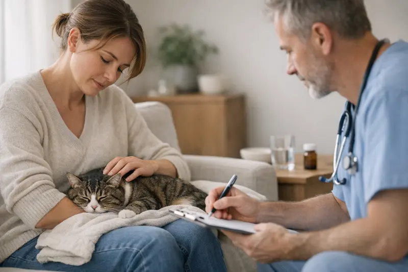 Warnzeichen bei Katzen Katzenhalterin beobachtet aufmerksam die Symptome ihrer Katze, die ernsthafte Warnzeichen zeigt.