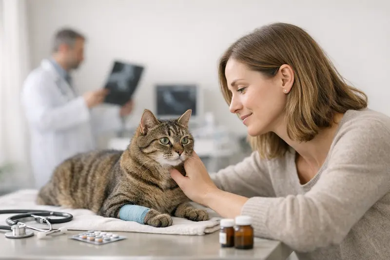 Tarifvergleich Katzenkrankenversicherung Eine Katze, die beim Tierarzt untersucht wird, während die Halterin Tarife vergleicht.