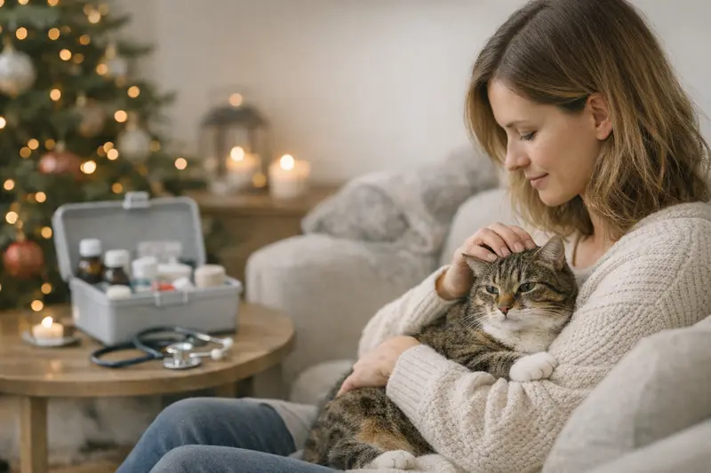 Vorsorge für Katzengesundheit an Weihnachten Eine Katze entspannt sich während der Feiertage, Symbol für die Bedeutung von Vorsorge bei Tierarztbesuchen.