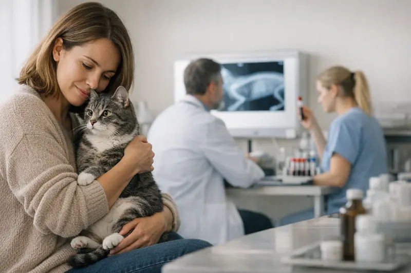 Tierarztkosten und Diagnostik für Katzen Tierärztin erklärt einer Katzenhalterin die Kosten für diagnostische Leistungen wie Röntgen und Laboruntersuchungen.