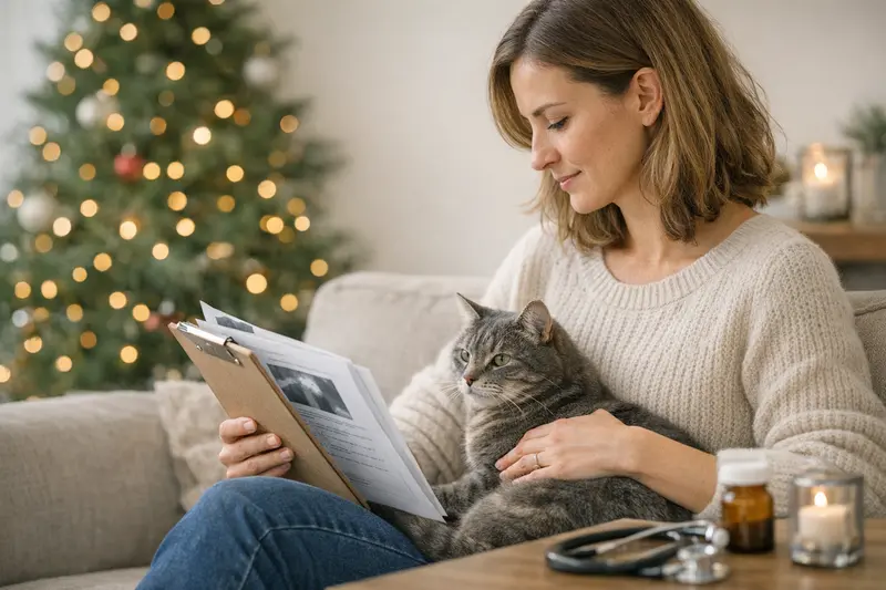 Wartezeiten bei Katzenversicherung vor Weihnachten Katzenerstellung vor einer Weihnachtsdekoration, die für die Planung von Tierarztkosten und Versicherungen wichtig ist.