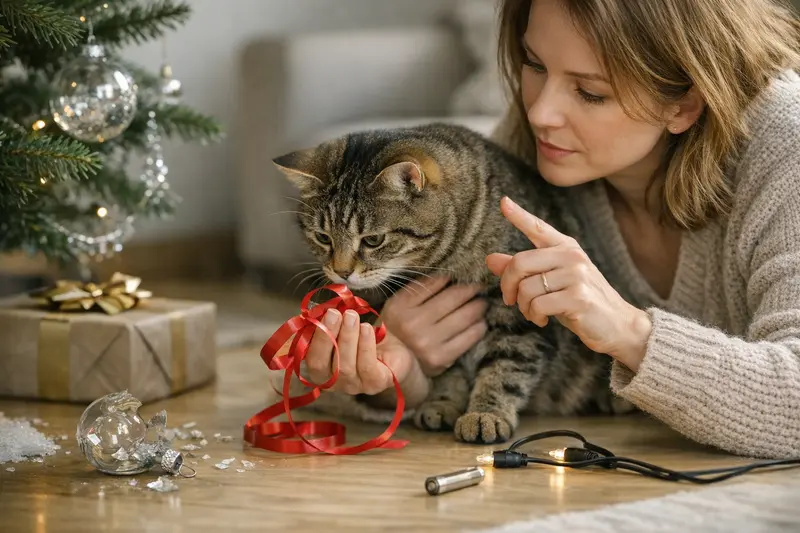 Weihnachtsdeko, die für Katzen gefährlich sein kann, wie Geschenkband und Glasornamente.
