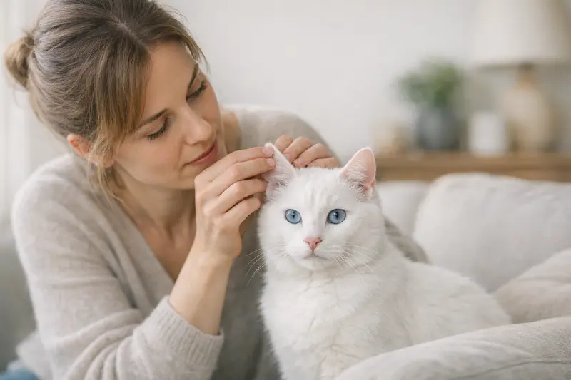 Weisse Katze mit blauen Augen Weisse Katze mit blauen Augen sitzt auf einem Fensterbrett