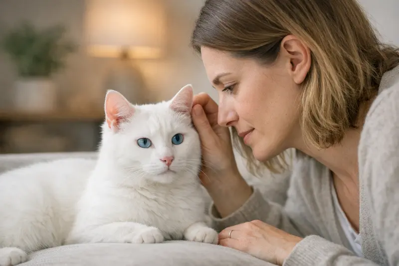 Weiße Katze mit blauen Augen Eine weiße Katze mit blauen Augen, die aufmerksam in die Kamera schaut.