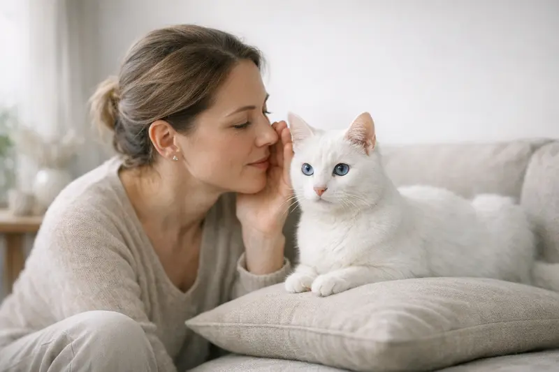 Weiße Katze mit blauen Augen Eine weiße Katze mit blauen Augen, die aufmerksam schaut, symbolisiert die häufigen Fragen zur Hörfähigkeit bei Katzen mit dieser Färbung.