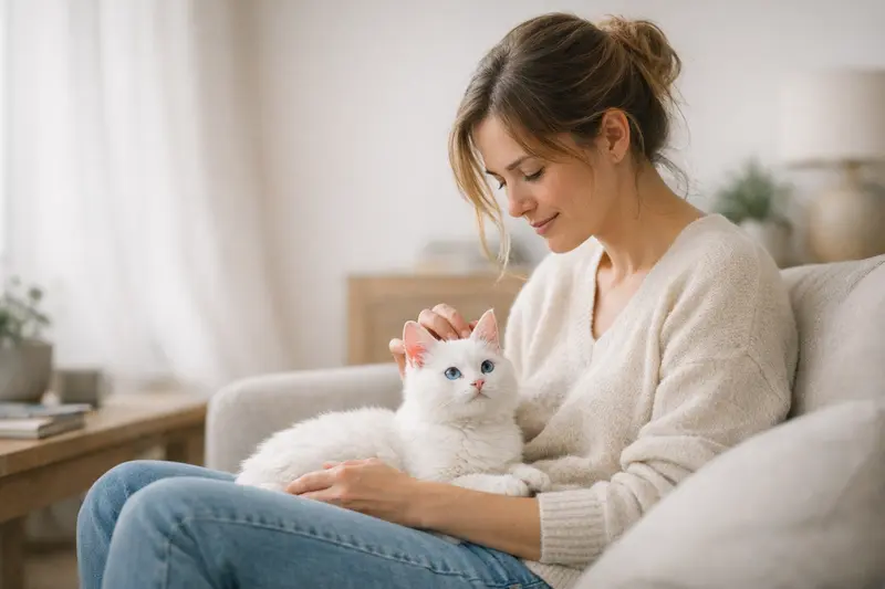 Katzenversicherung - Der beste Zeitpunkt für eine Absicherung Eine gesunde, neugierige Katze mit weißem Fell und blauen Augen sitzt entspannt auf einem Sofa.