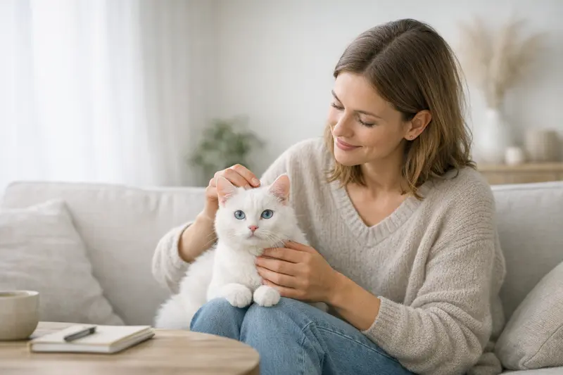 Katzenversicherung - der beste Zeitpunkt zur Absicherung Eine gesunde Katze mit weißem Fell und blauen Augen, die in einer ruhigen Umgebung sitzt und neugierig schaut.