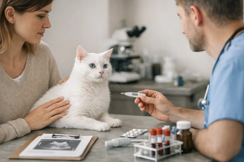 Tierarztkosten bei Katzenuntersuchungen Eine weiße Katze mit blauen Augen beim Tierarzt zur Untersuchung.