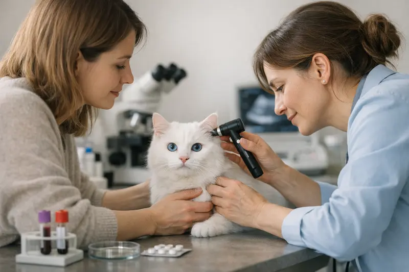 Eine weiße Katze mit blauen Augen steht beim Tierarzt und wird untersucht.