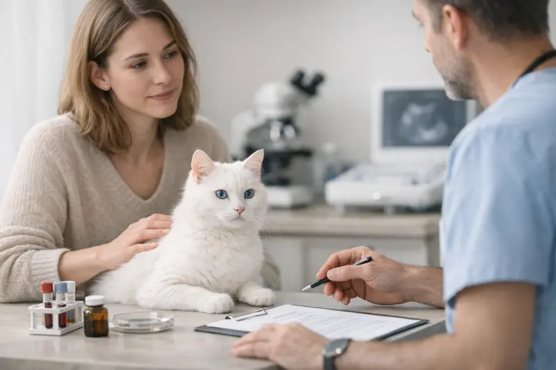 Tierarztkosten bei Katzenuntersuchungen Weiße Katze mit blauen Augen, die beim Tierarzt untersucht wird.