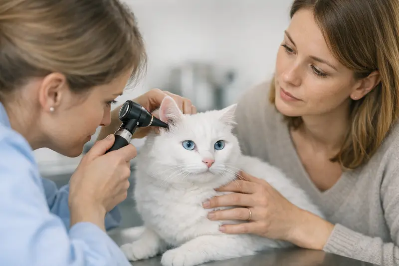 Eine Katze mit weißen Fell und blauen Augen wird von einem Tierarzt untersucht, um ein Hörproblem festzustellen.