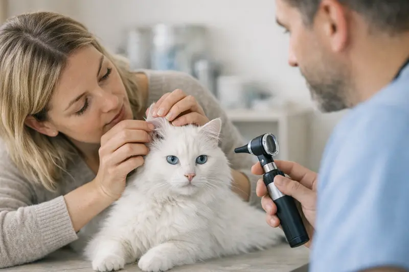 Tierarzt untersucht die Ohren einer weißen Katze mit blauen Augen auf Hörprobleme.