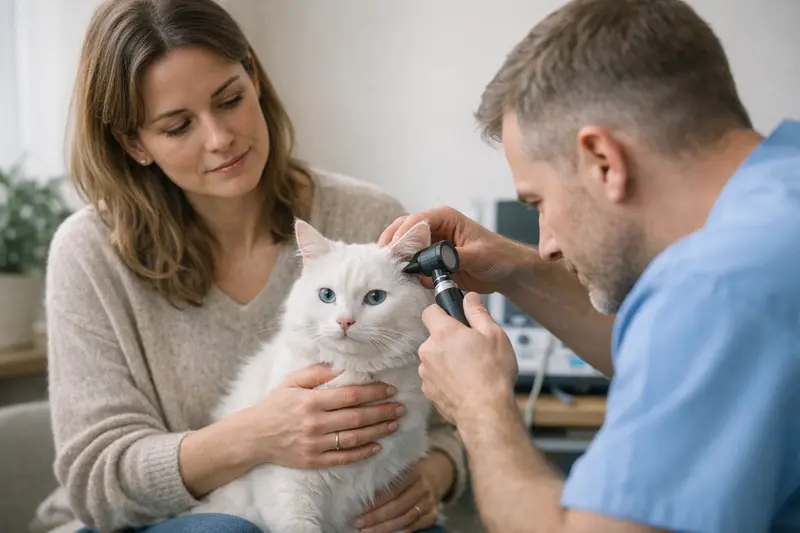 Tierarztuntersuchung Hörprobleme Katze Ein Tierarzt untersucht die Ohren einer Katze mit weissem Fell und blauen Augen.