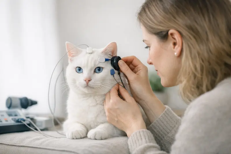 Katzenhörtests und Diagnostik Eine weiße Katze mit blauen Augen auf dem Veterinär Untersuchungstisch.