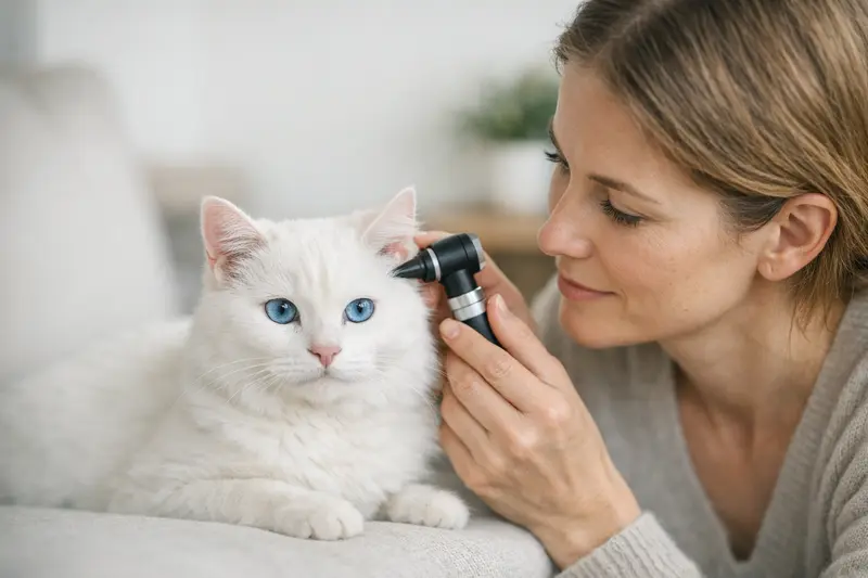 Hörtest für Katzen – Was übernimmt die Versicherung? Weisse Katze mit blauen Augen beim Tierarzt für einen Hörtest zur Diagnostik.