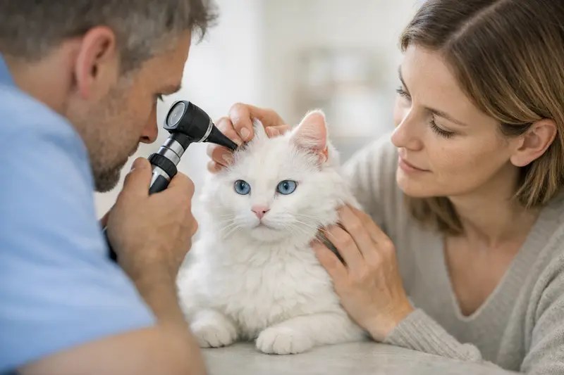 Hörtest für Katzen Ein weißes Kätzchen mit blauen Augen untersucht bei einem Tierarzt, während ein Hörtest durchgeführt wird.