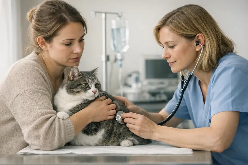 Eine Katze wird in einer Klinik von einem Tierarzt untersucht, um die Notfallkosten einer Versicherung zu klären.