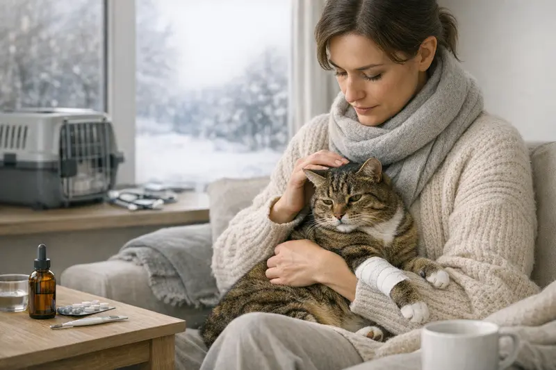 Katzen im Winter gesund halten Eine Katze sitzt auf einem warmen Fenstersims und genießt die Wintersonne.