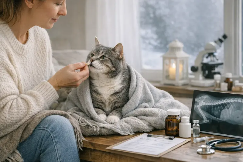 Eine Katze liegt entspannt auf einem Winterbett, während Tierarztkosten plakativ dargestellt werden.