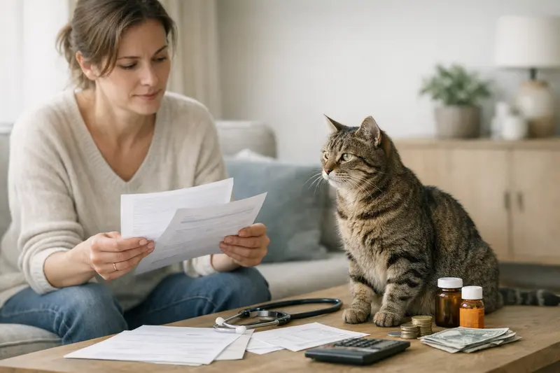 Vergleich von Katzenversicherungen Katzenhalter vergleicht verschiedene Katzenversicherungen und deren Selbstbeteiligung sowie Erstattungssatz am Laptop.