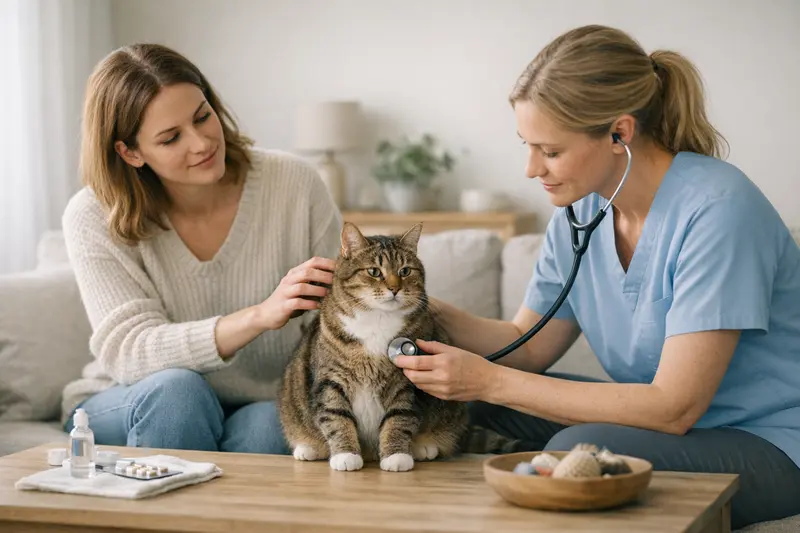 Vorsorge bei Katzenversicherungen Ein glücklicher Mensch mit seiner Katze beim Tierarzt, symbolisiert Vorsorge und Katzenversicherung.