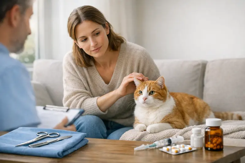 Katzenversicherung und Tierarztkosten Eine gesunde Wohnungskatze bei einer Untersuchung beim Tierarzt.