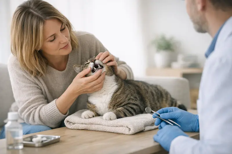 Eine Katze bei der Zahnsteinentfernung beim Tierarzt.