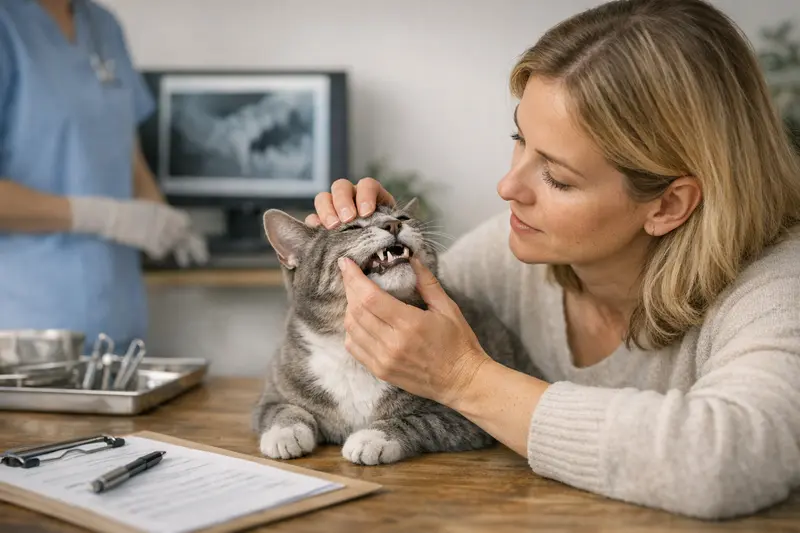 Zahnprobleme bei Katzen und deren Versicherung Eine Katze beim Tierarzt zur Untersuchung von Zahnproblemen