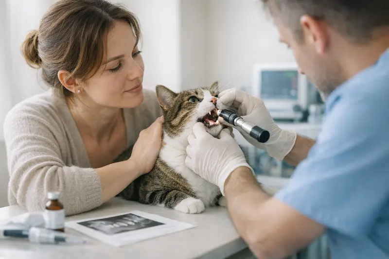 Katzen Zahnbehandlung beim Tierarzt Tierarzt untersucht die Zähne einer Katze zur Vorbereitung einer Zahnbehandlung.