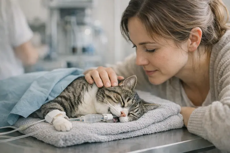 Katzenzahnarzt bei der Untersuchung einer Katze unter Narkose.