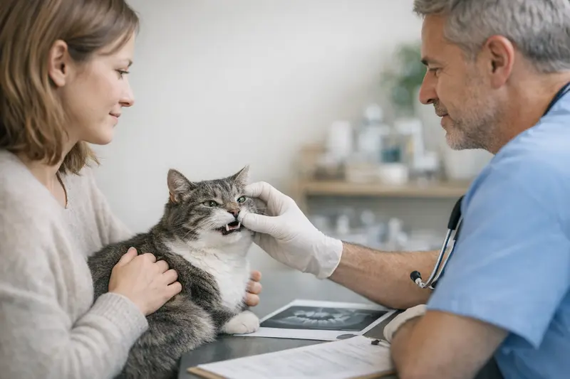 Tierarzt Untersuchung Katze Zahnprobleme Katzengesundheit: Untersuchung des Mauls einer Katze beim Tierarzt wegen Zahnproblemen
