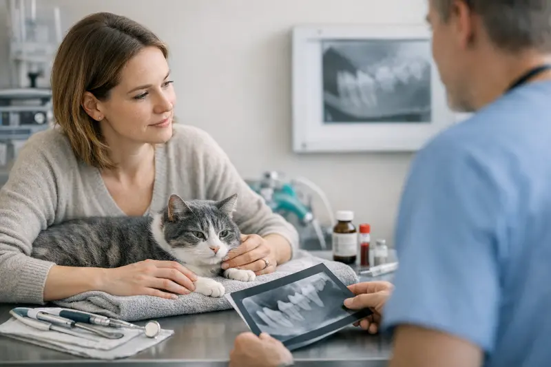 Tierarzt untersucht Katze auf Zahnerkrankungen und bespricht die Behandlungskosten.