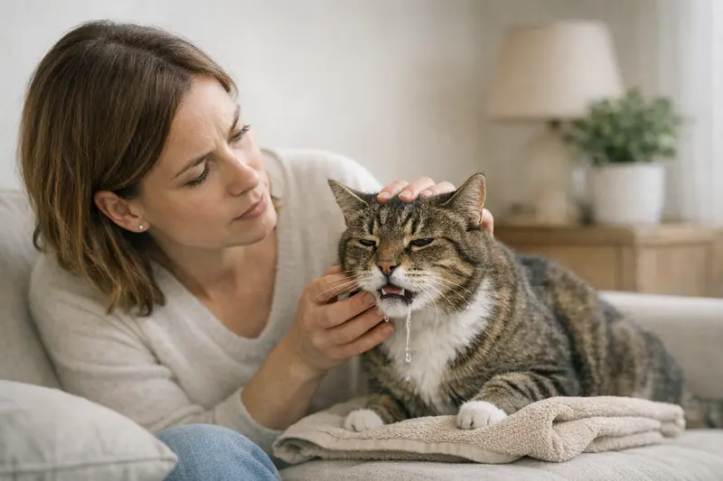 Katzengesundheit: Anzeichen von Zahnproblemen Eine Katze zeigt Anzeichen von Zahnproblemen mit langsamer Fressweise und vermindertem Fellpflegeverhalten.