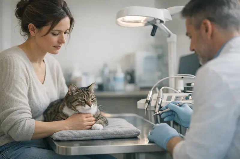 Eine Katze beim Zahnarzt, die eine Zahnuntersuchung erhält.