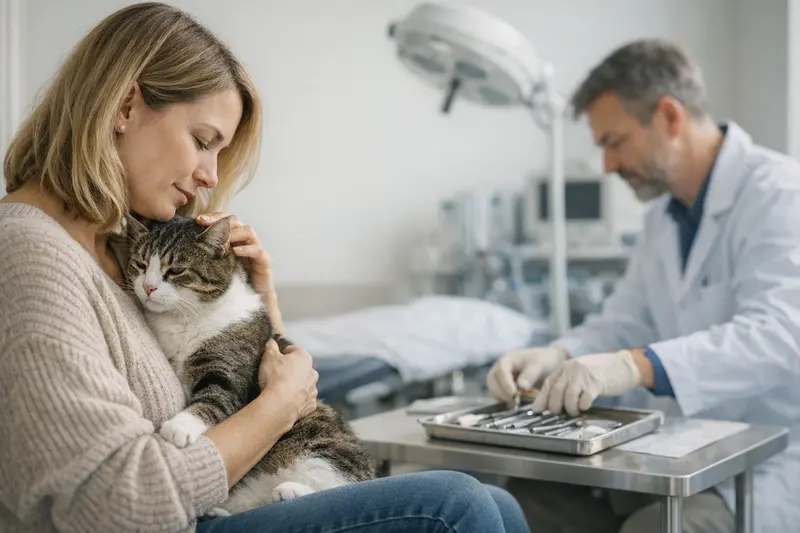 Zahnuntersuchung Katzen Tierarzt bei der Untersuchung der Zähne einer Katze, um mögliche Extraktionen zu bewerten