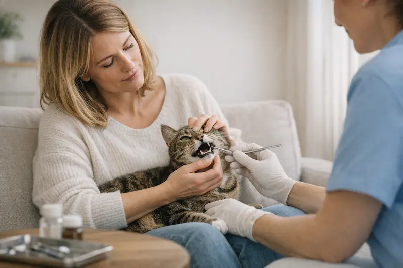 Eine Katze beim Tierarzt, die eine Zahnreinigung erhält, um ihre Zahngesundheit zu fördern.