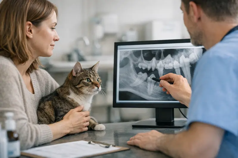 Zahnuntersuchung bei Katzen Ein Tierarzt untersucht die Zähne einer Katze mithilfe eines Dentalröntgens.