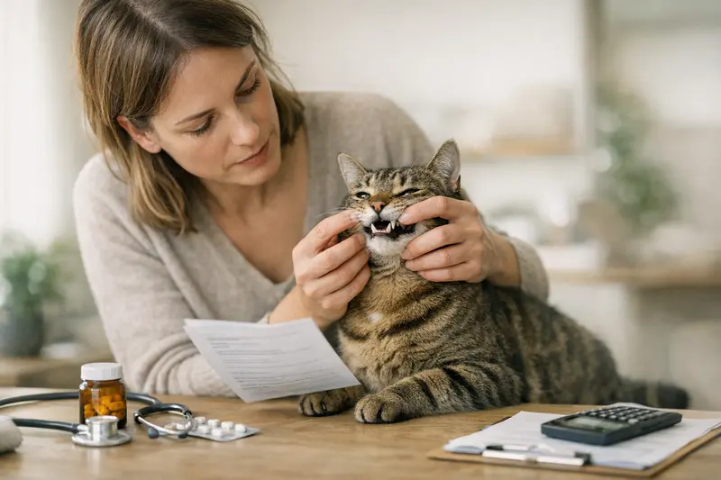 Zahnuntersuchung bei Katzen Tierarzt untersucht die Zähne einer Katze auf Vorerkrankungen.