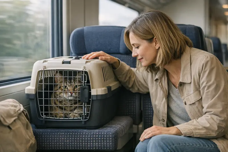 Katze sicher in Transportbox im Zug Katze in einer sicheren Transportbox während einer Zugfahrt zeigt, wie wichtig die Sicherheit für Haustiere ist.