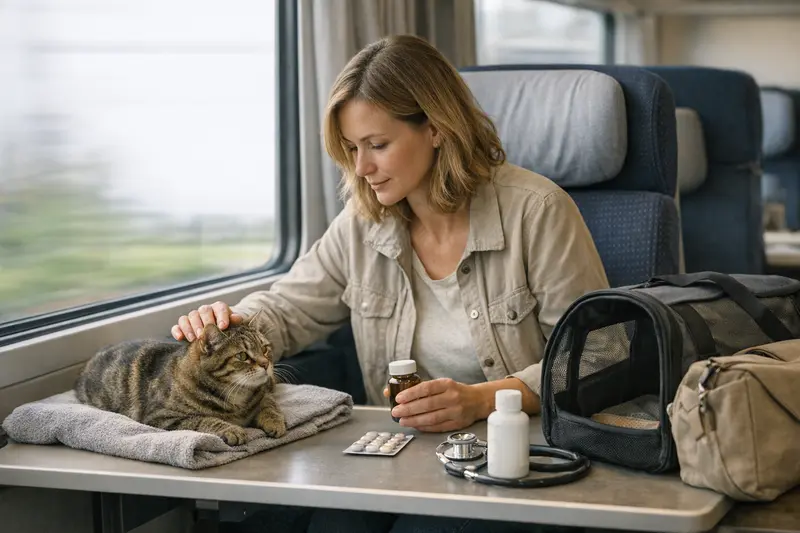 Tierarztuntersuchung bei Katzen während Reisen Katzendoktor untersucht eine Katze während einer Reiseuntersuchung, um gesundheitliche Probleme zu klären.
