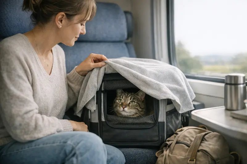 Stressfreie Zugfahrt mit Katze Eine entspannte Katze in einer Transportbox während einer Zugfahrt, optimal vorbereitet für die Reise.